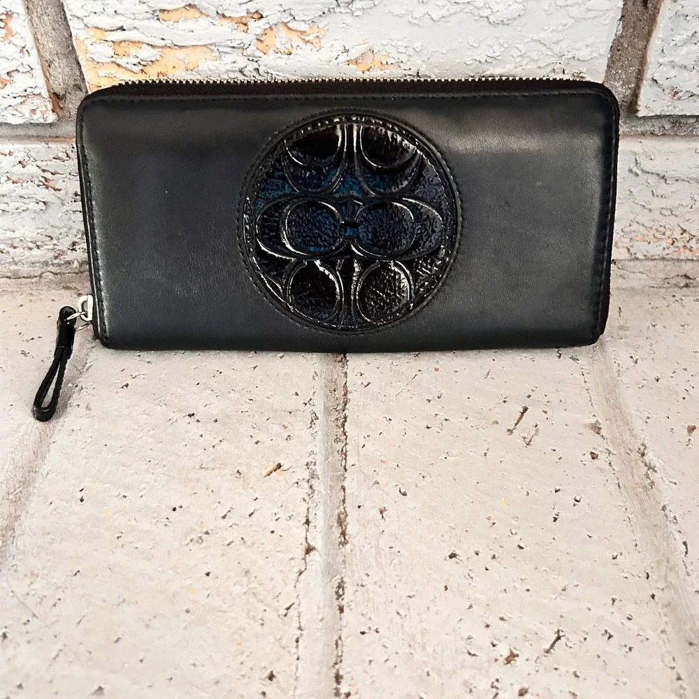Coach Black Zip-Around Leather Wallet with Signature Medallion